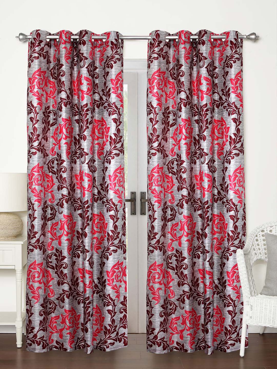 Home Sizzler Maroon & Grey Set of 2 Floral Door Curtain Price in India