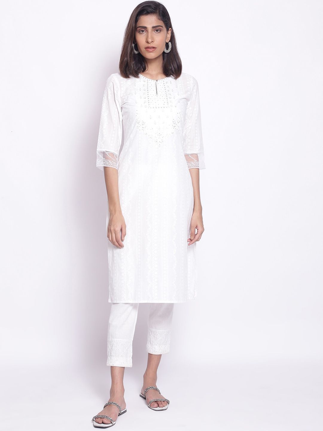 W Women White Ethnic Motifs Printed Keyhole Neck Kurta Price in India