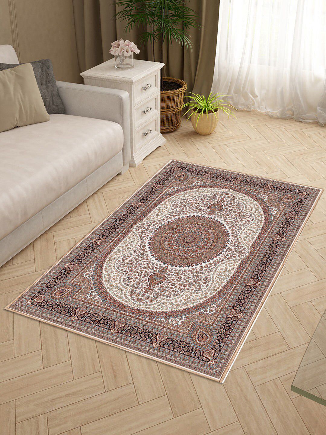 Status Brown & Beige Printed Silk Carpet Price in India