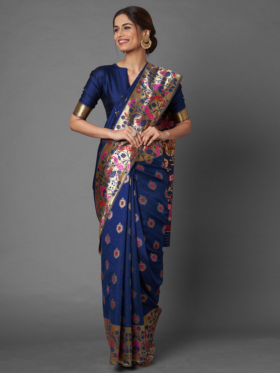 Saree mall Navy Blue & Gold-Toned Ethnic Motifs Zari Silk Blend Banarasi Sarees