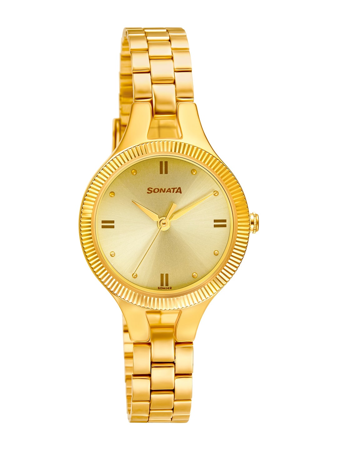 Sonata Women Gold-Toned Brass Embellished Dial & Gold Toned Analogue Watch 8177YM01 Price in India