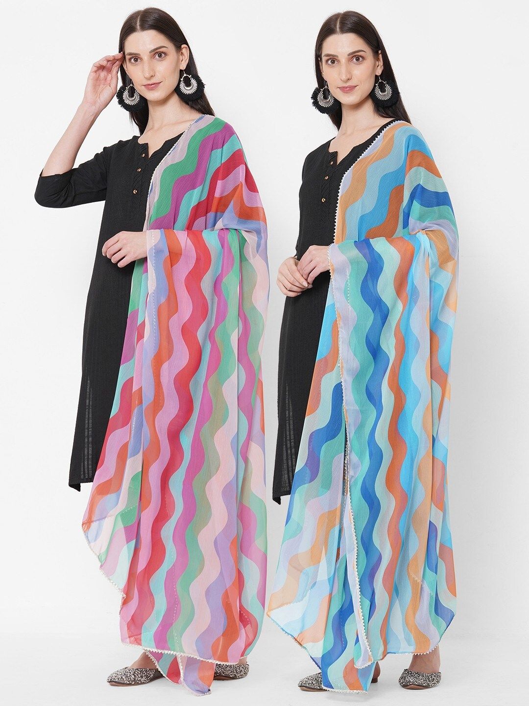 Get Wrapped Multicoloured Pack of 2 Striped Dupatta with Gotta Patti Price in India