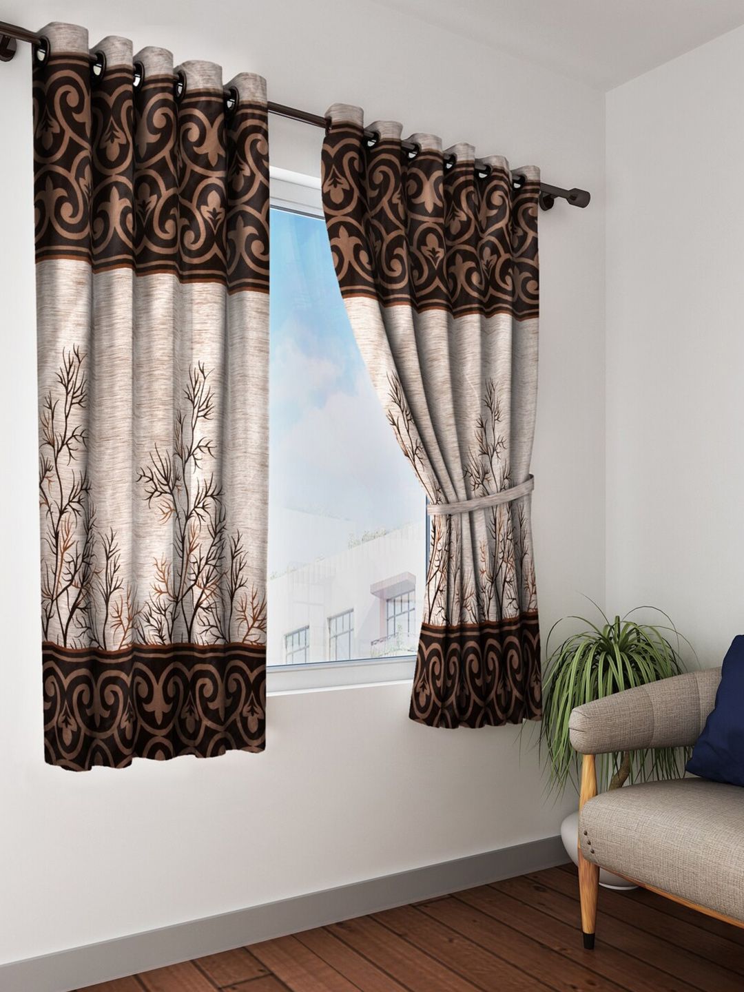 Home Sizzler Brown Set of 2 Floral Window Curtain Price in India