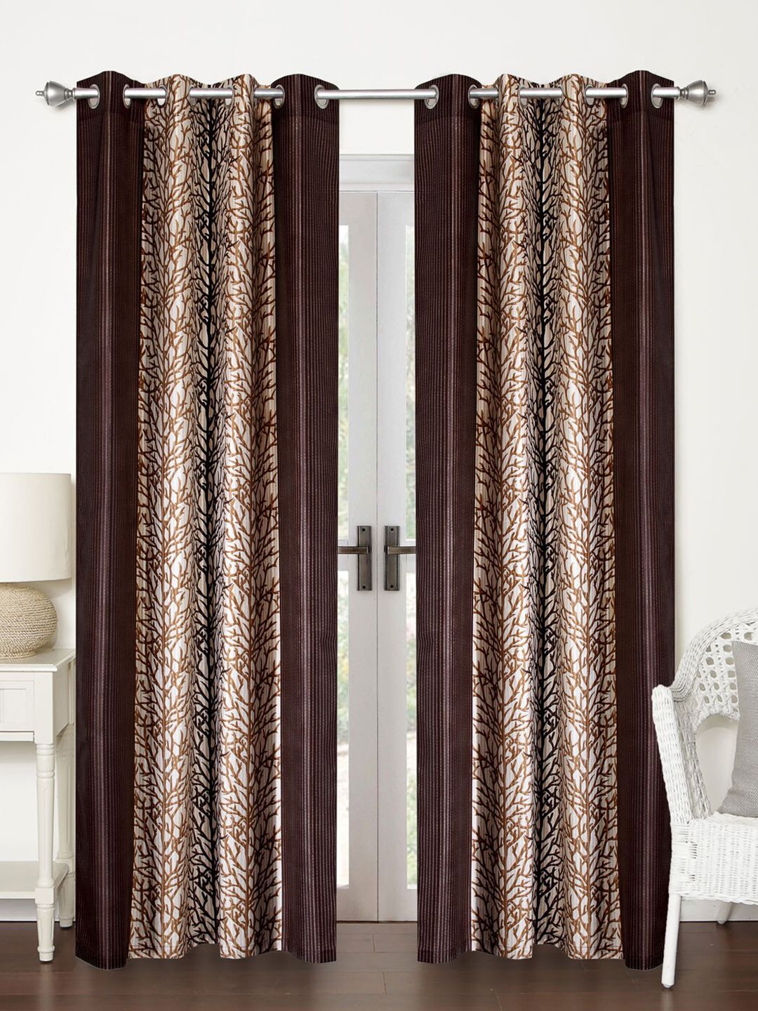 Home Sizzler Brown & Beige Set of 2 Floral Long Door Curtains Price in India