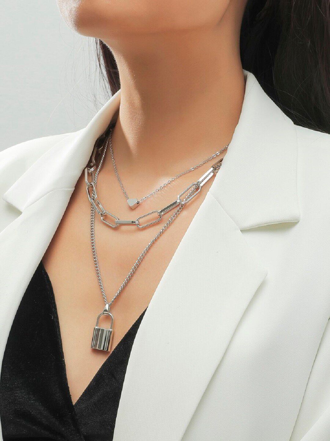 OOMPH Silver Layered Necklace Price in India