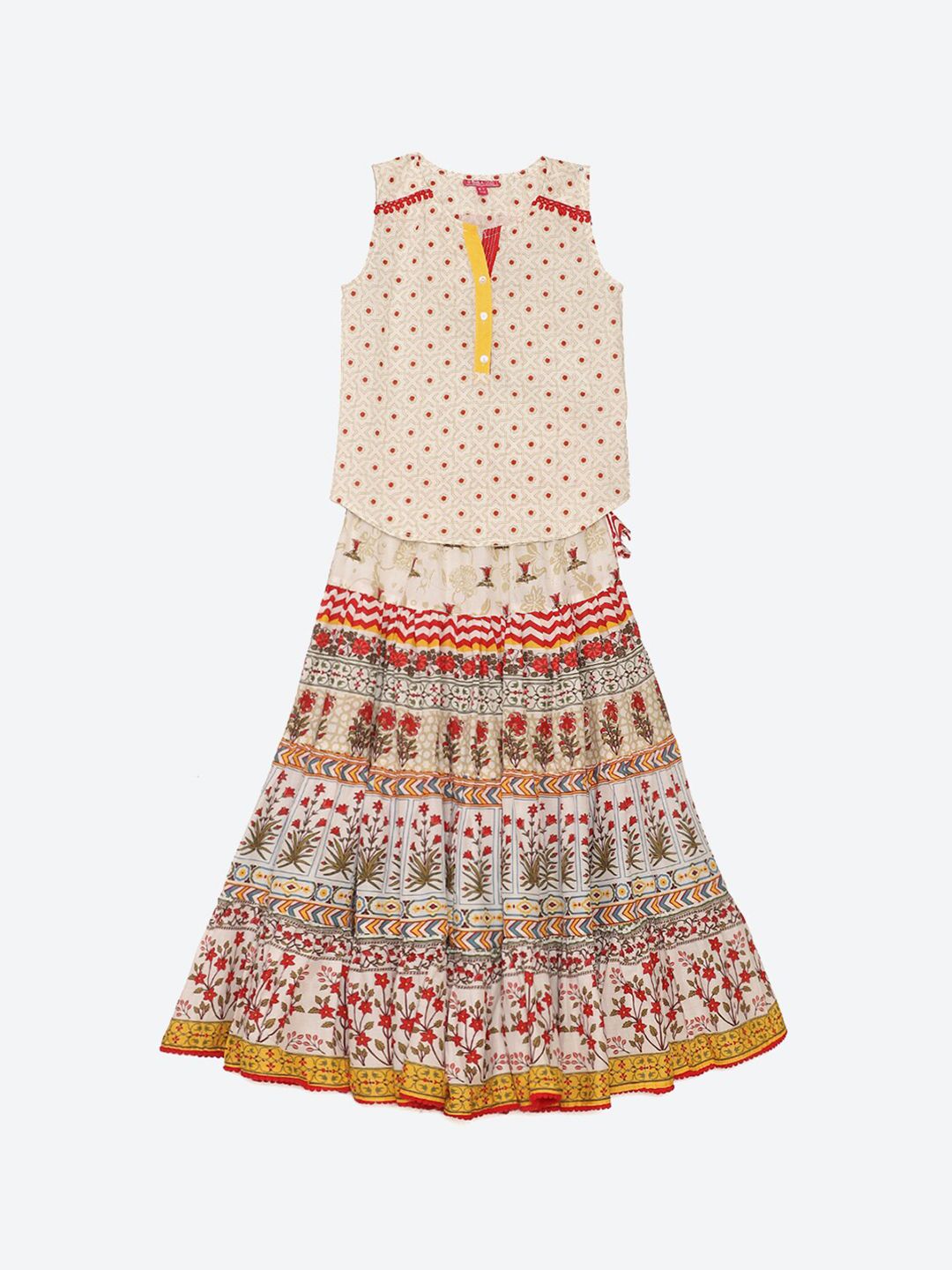 Biba Girls Off White & Red Printed Top with Skirt