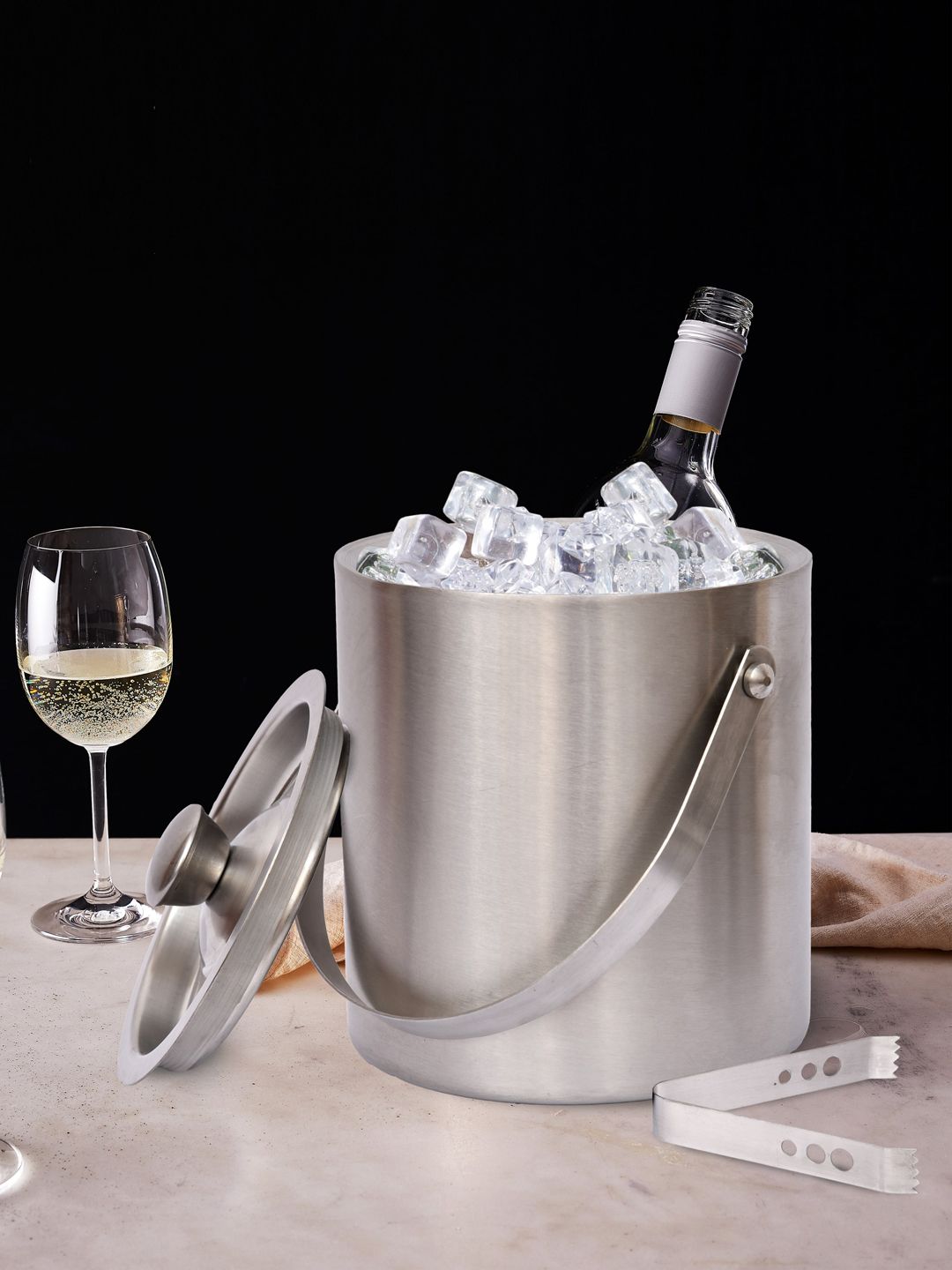 Clasiko Silver-Toned Solid Stainless Steel Double Wall Insulated Ice Bucket With Tong Price in India