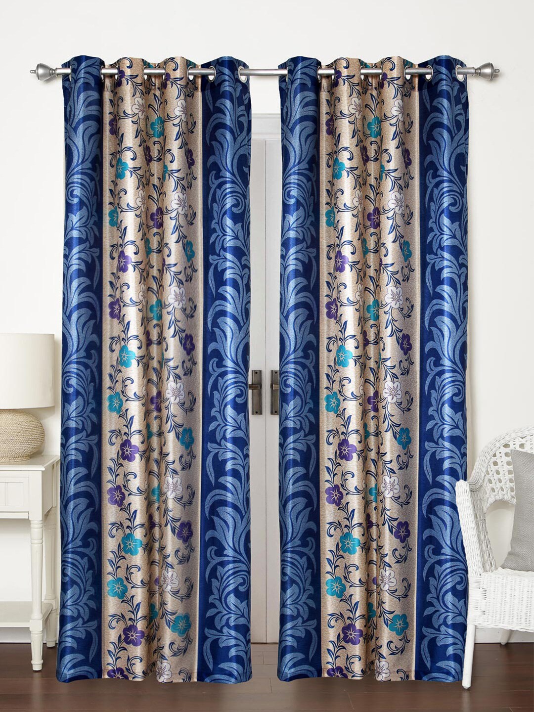 Home Sizzler Beige & Blue Set of 2 Floral Door Curtain Price in India