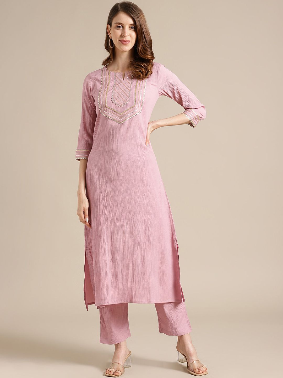 Varanga Women Pink Yoke Design Gotta Patti Crepe Kurta Price in India