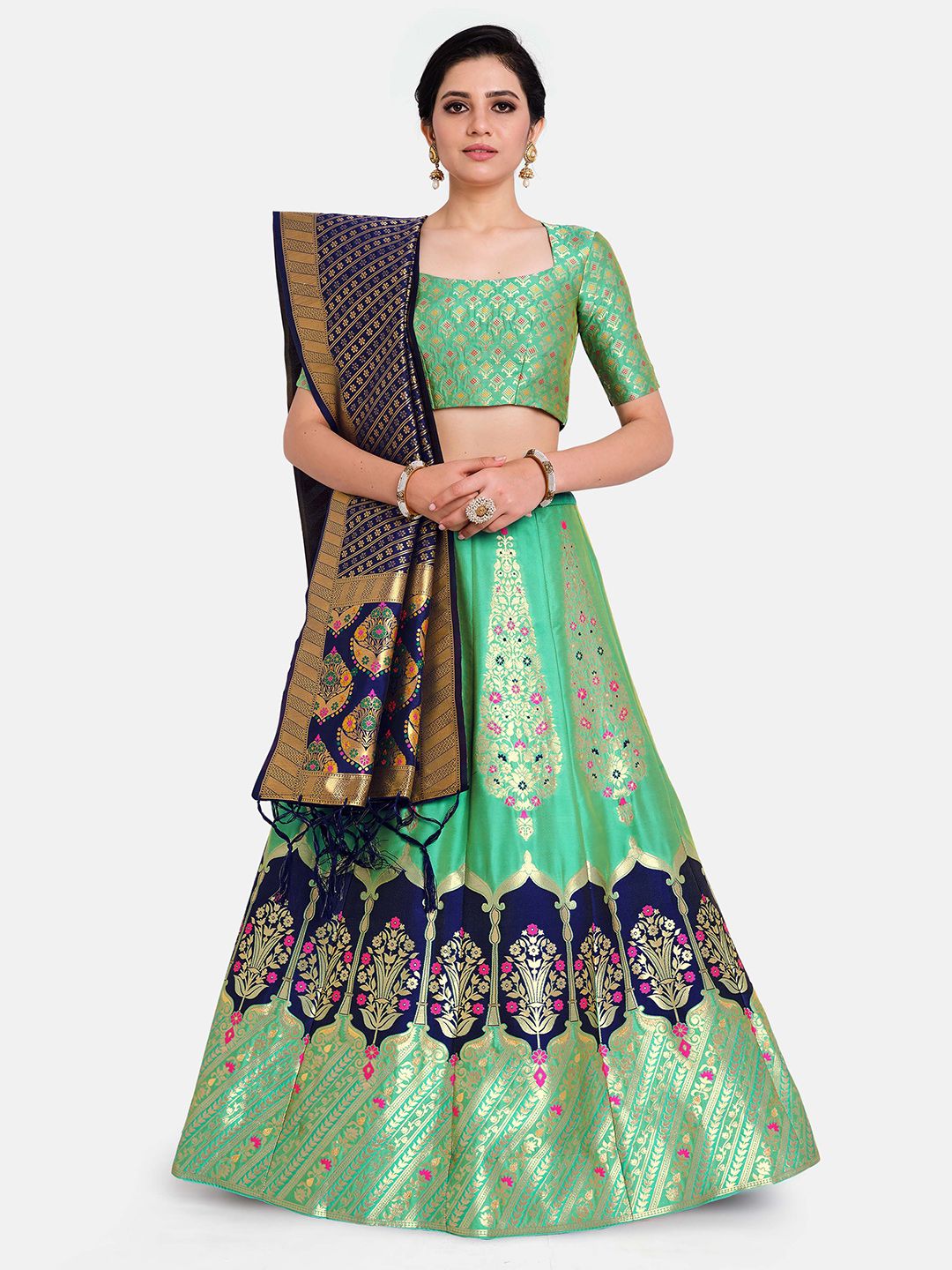 MIMOSA Women Green & Navy Blue Semi-Stitched Lehenga & Unstitched Blouse With Dupatta