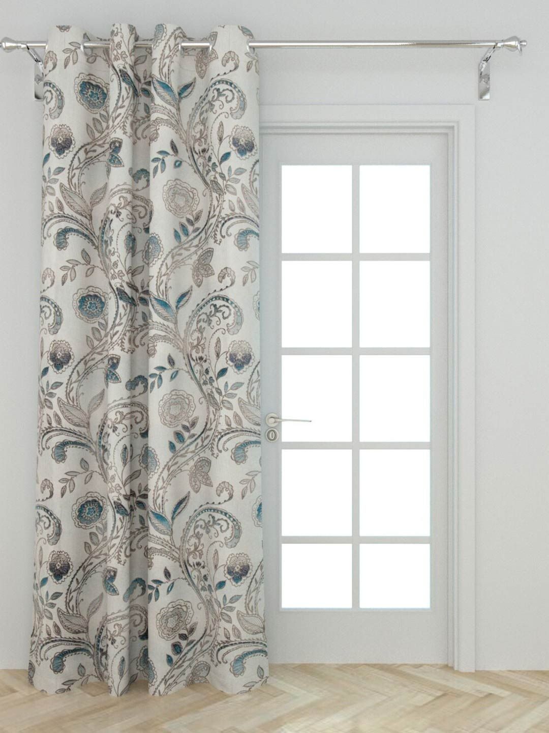 Home Centre White & Turquoise Blue Floral Black Out Door Curtain Price in India