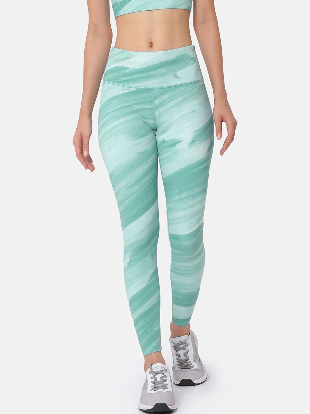 Cultsport Women Green & White Printed High Waist Tights Price in India