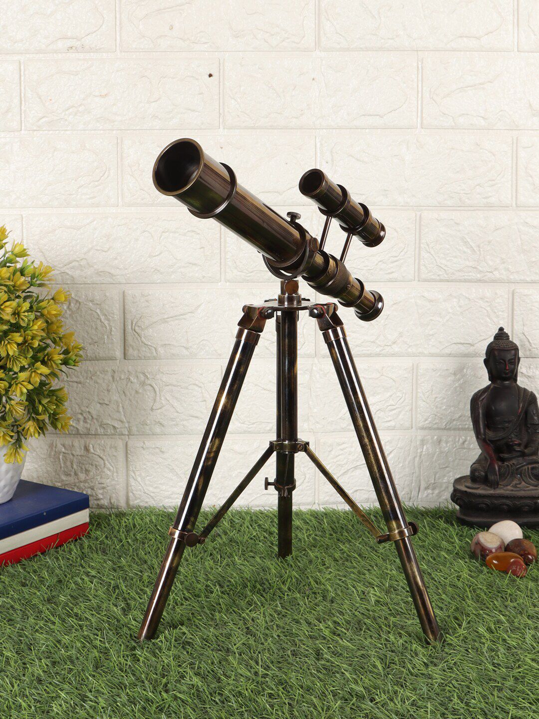 EXIM DECOR Rust-Coloured Antique Brass Double Barell Telescope Showpiece With Tripod Stand Price in India