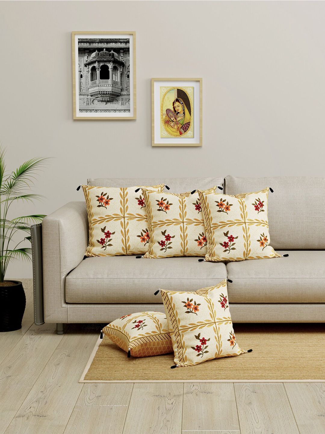 LIVING ROOTS Beige & Green Set of 5 Floral Square Cushion Covers Price in India