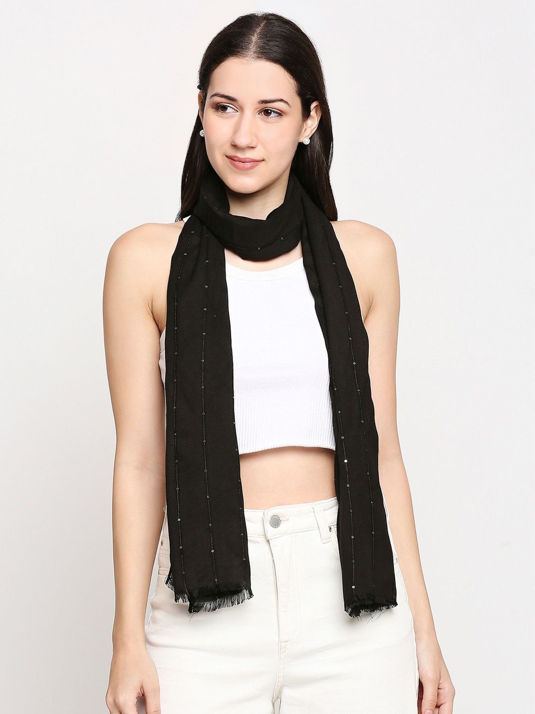 Get Wrapped Women Black Embroidered Scarf Price in India