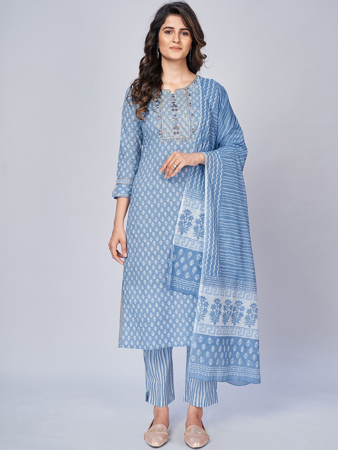 Vbuyz Women Blue Ethnic Motifs Panelled Kurti with Trousers & With Dupatta Price in India