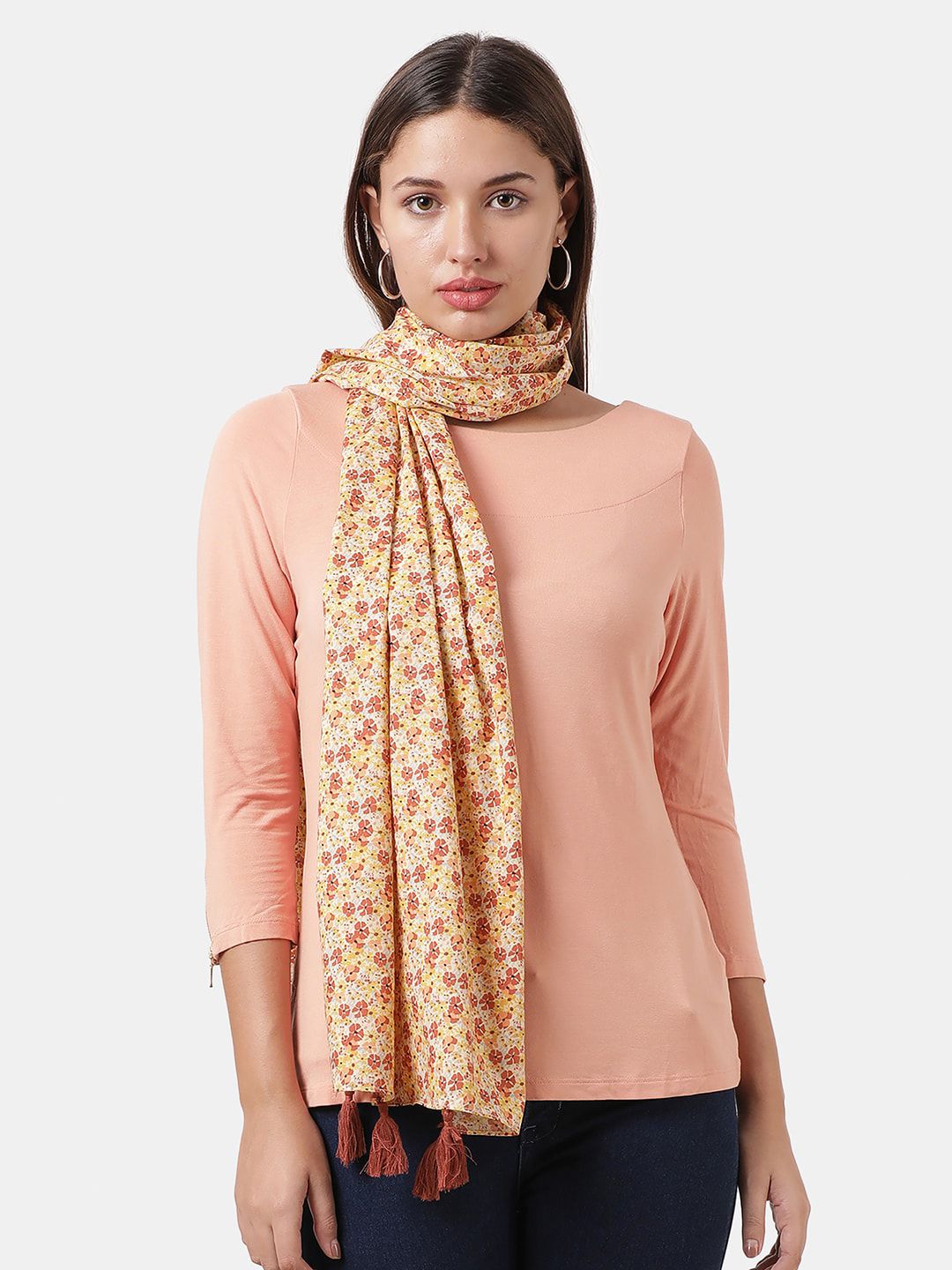 Llak Jeans Women Mustard & Peach-Coloured Printed Stole Price in India