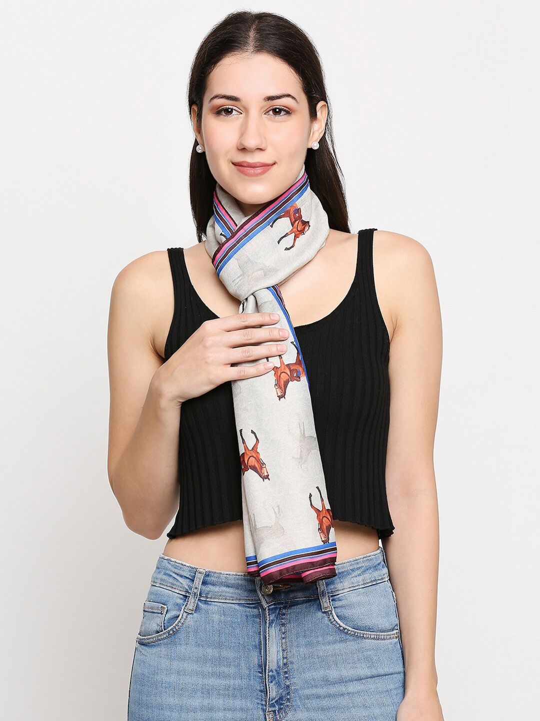 Get Wrapped Women Off White & Brown Printed Scarf Price in India