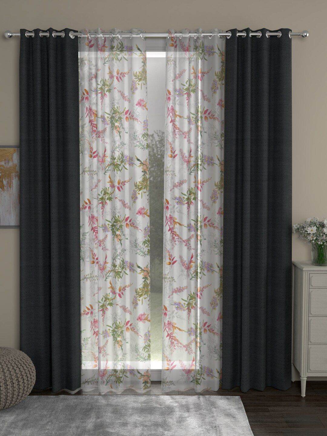 ROSARA HOME Grey & White Set of 4 Floral Long Door Curtains Price in India