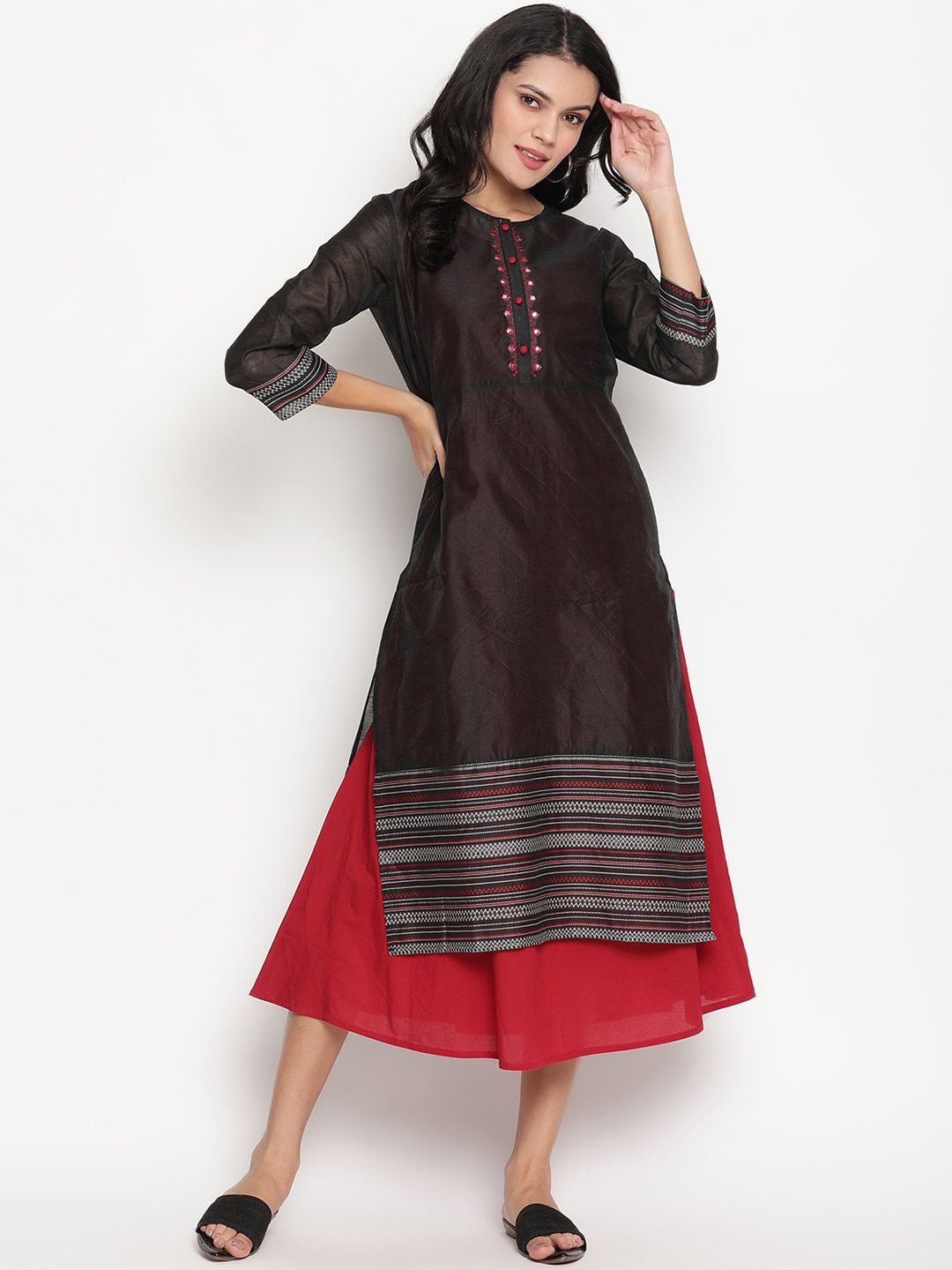 Be Indi Black & Maroon Layered A-Line Midi Dress Price in India