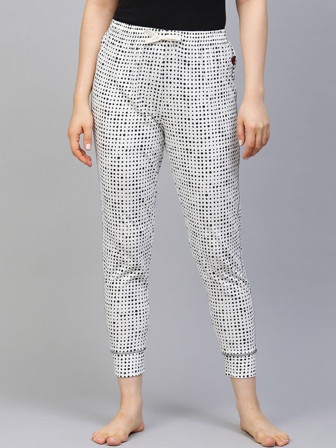 Chemistry Women Black & White Polka Dot Printed Pure Cotton Lounge Pants Price in India