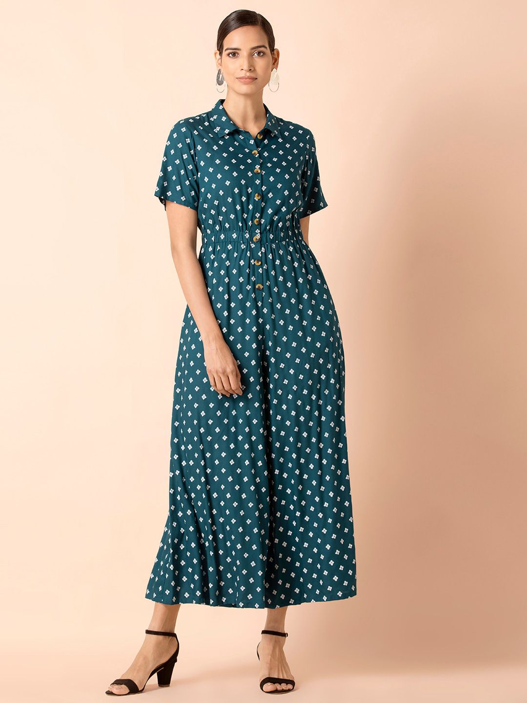 INDYA Teal & White Printed Basic Jumpsuit Price in India