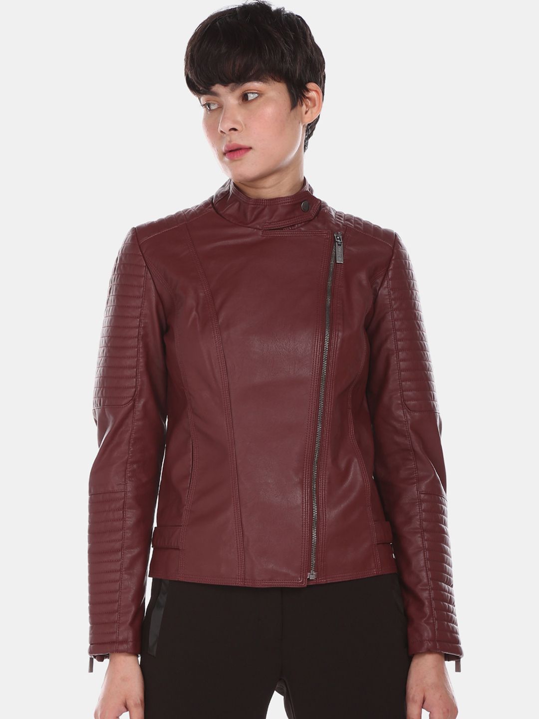 U S Polo Assn Women Maroon Solid Biker Jacket Price in India