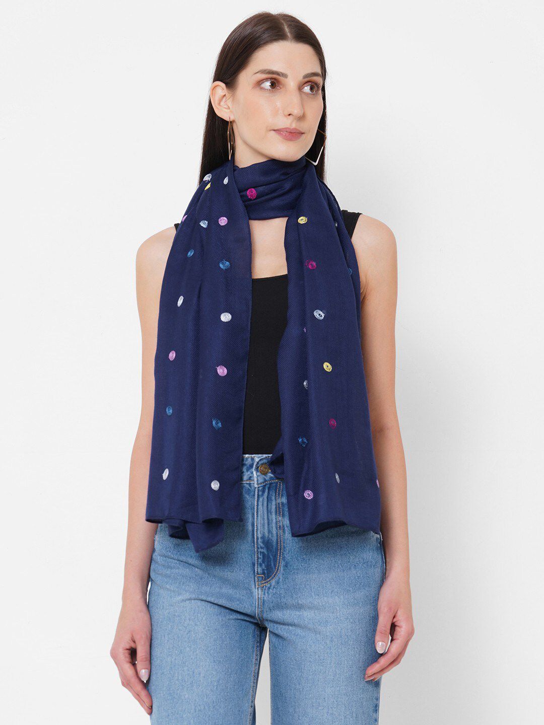 Get Wrapped Women Blue & White Embroidered Scarf Price in India