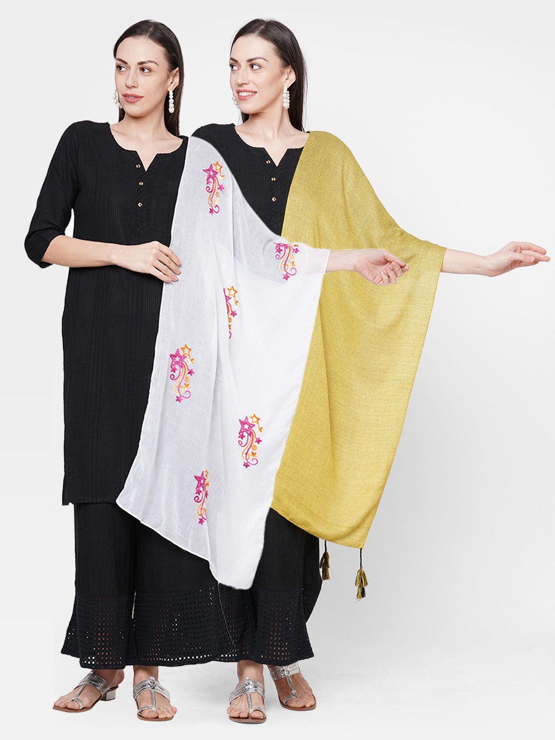 Get Wrapped Women Pack Of 2 White & Gold-Toned Embroidered Scarves Price in India