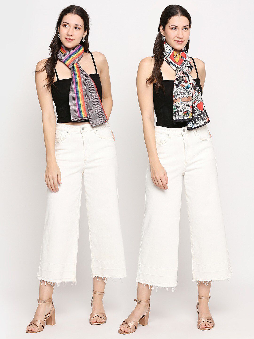 Get Wrapped Women Pack of 2 White & Black Printed Scarf Price in India