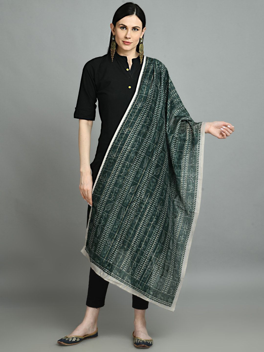 Myshka Green & White Printed Dupatta