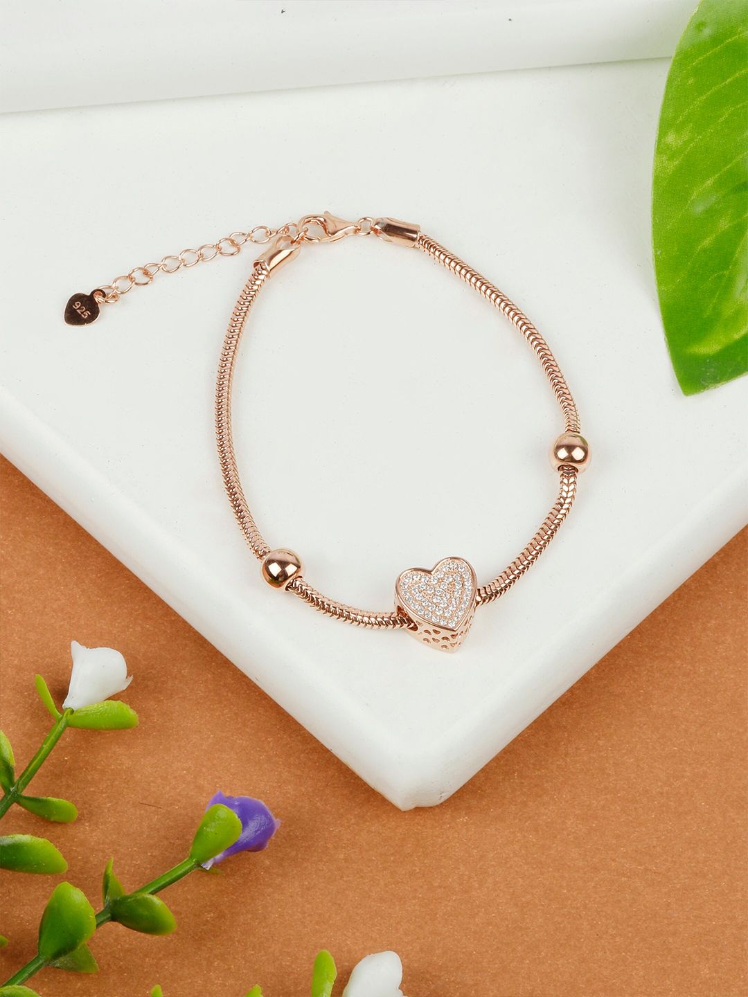 GIVA Women Rose Gold & White 925 Sterling Silver Cubic Zirconia Rose Gold-Plated Charm Bracelet Price in India