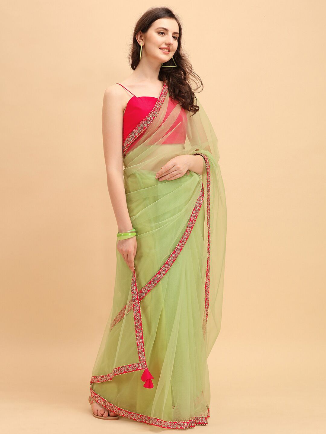 Sangria Green & Red Embroidered Net Saree Price in India