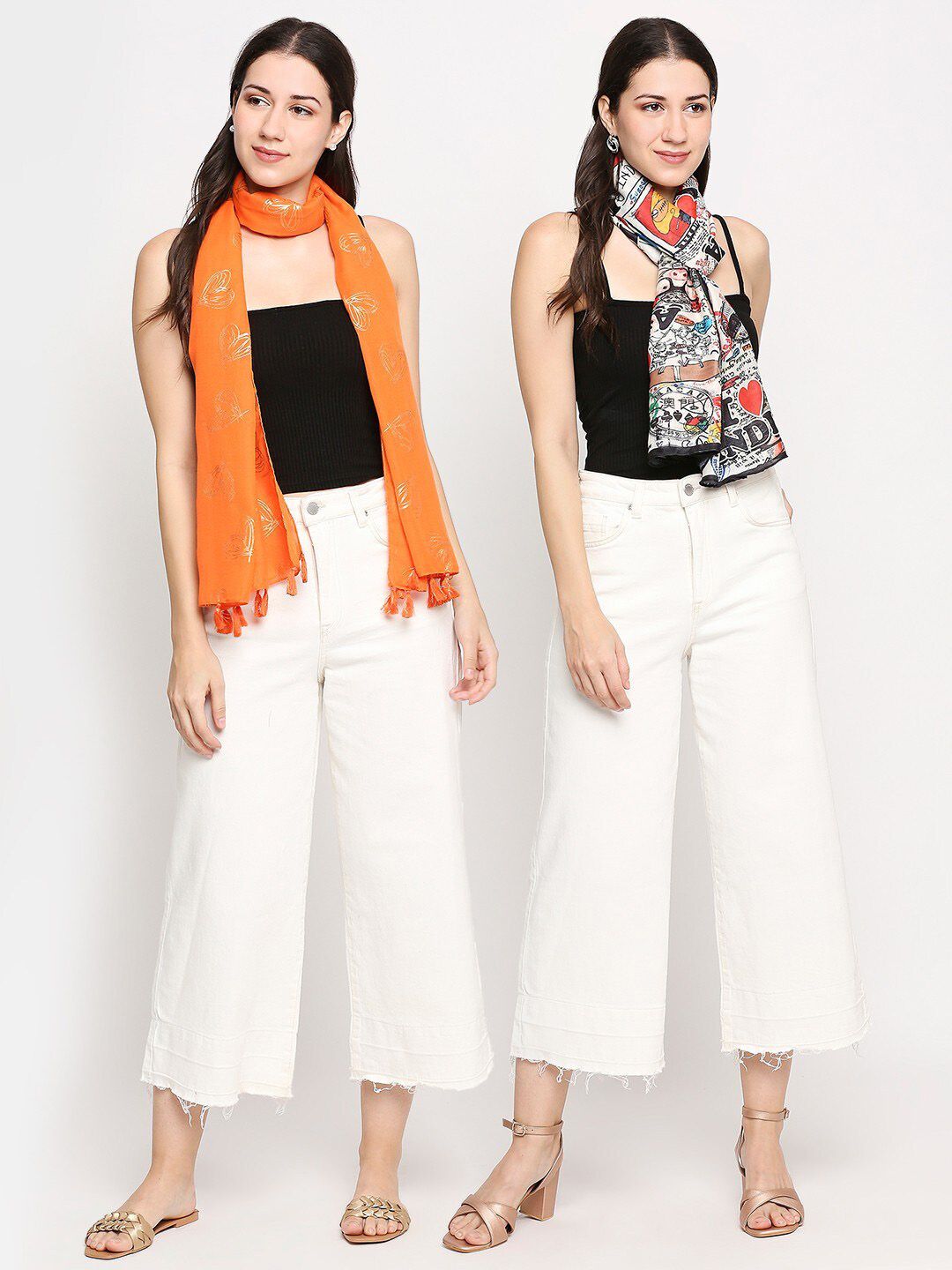 Get Wrapped Women Pack of 2 Orange & White Printed Scarf Price in India