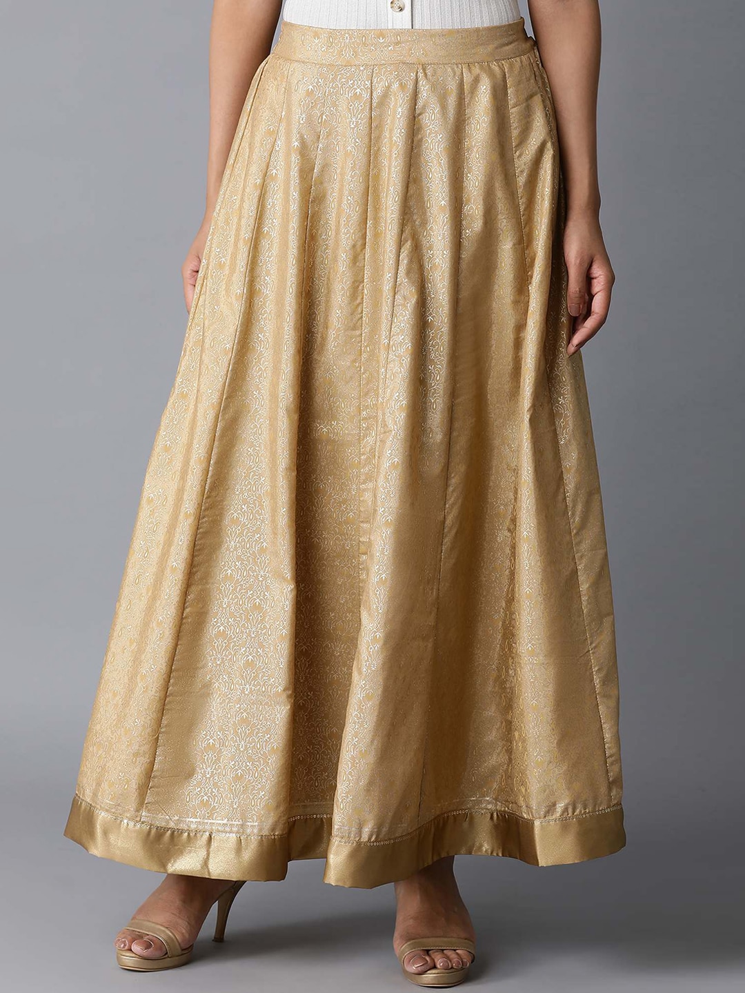 W Gold-Coloured Paisley Printed Flared Maxi Skirt Price in India