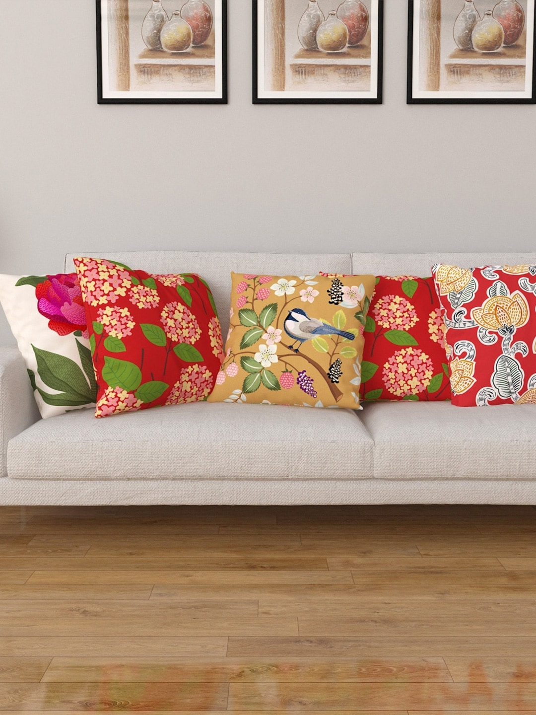 Home Centre Red & Pink Set of 5 Floral Square Cushion Covers Price in India