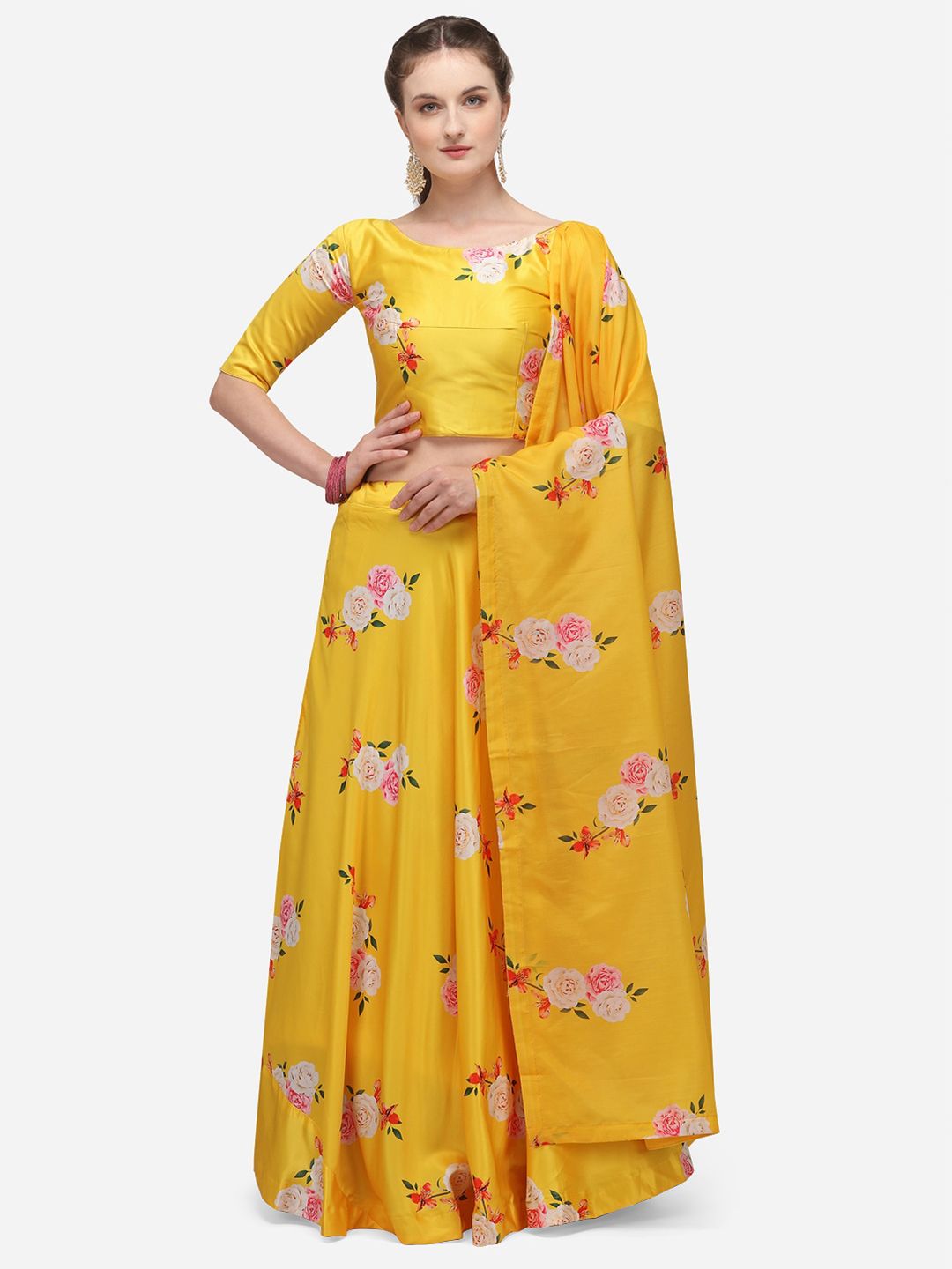 LOOKNBOOK ART Yellow & Pink Printed Unstitched Lehenga & Blouse With Dupatta