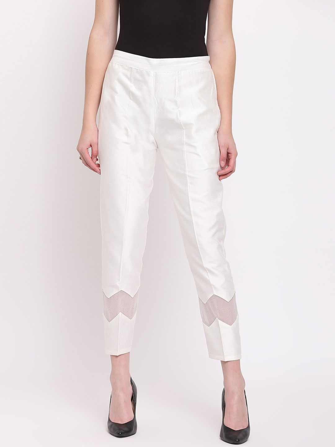 RIVI Women Off White Zig Zag Regular Trousers Price in India