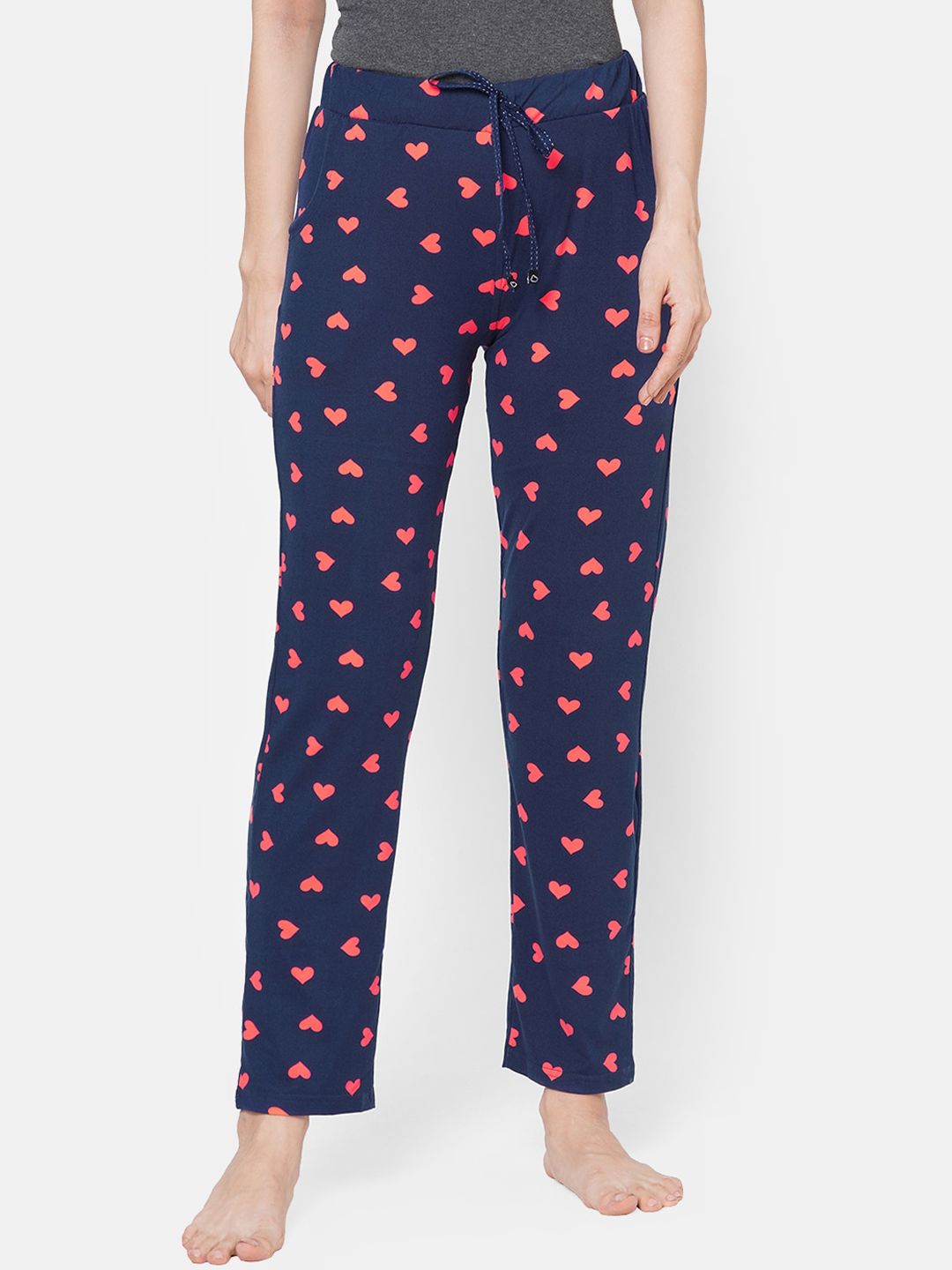 Sweet Dreams Women Navy Blue & Coral Coloured Heart Shape Printed Lounge Pants Price in India