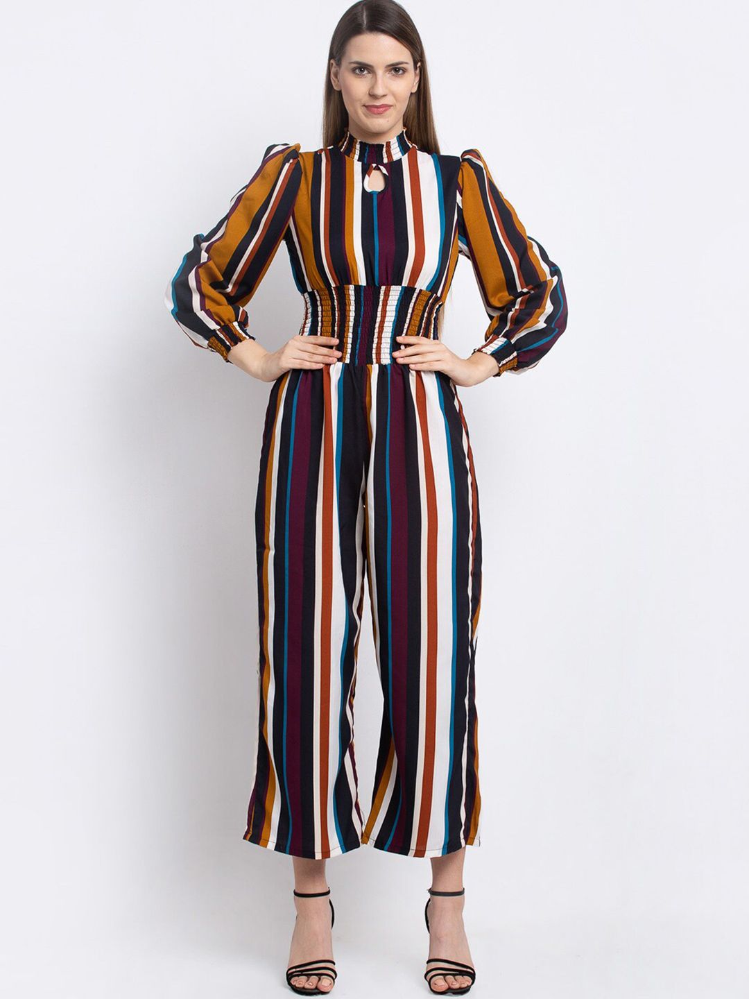 emeros Multi Striped Smocking-Detail Keyhole Neck Jumpsuit Price in India