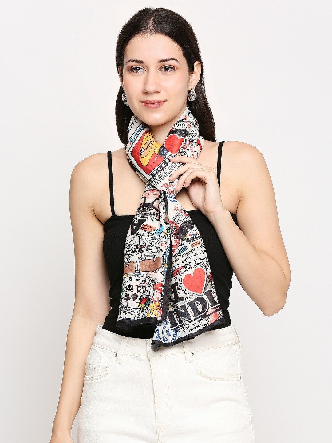 Get Wrapped Women White & Black Printed Scarf Price in India