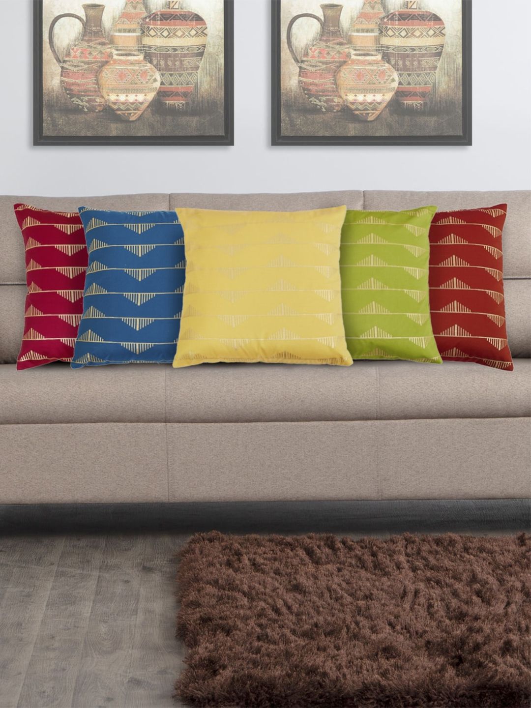Home Centre Blue & Yellow Set of 5 Geometric Square Cushion Covers Price in India