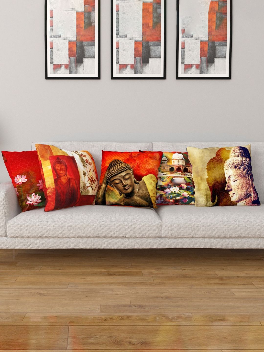 Home Centre Red & Beige Set of 5 Abstract Square Cushion Covers Price in India