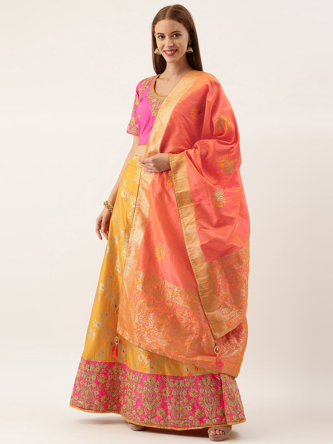 Kvsfab Women Pink & Yellow Woven Design Lehenga Choli