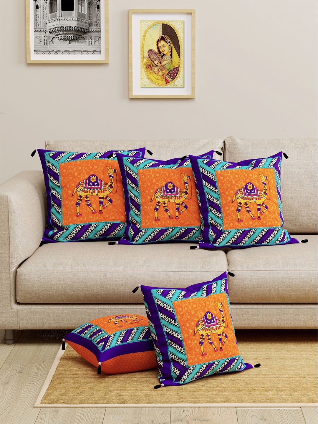 LIVING ROOTS Orange & Blue Set of 5 Ethnic Motifs Square Cushion Covers Price in India