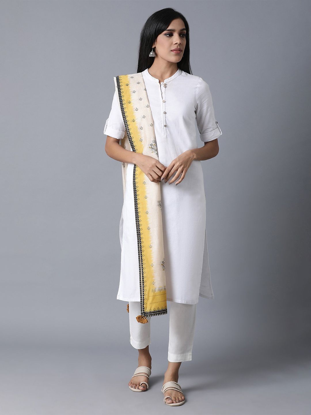 W Off White & Gold-Toned Ethnic Motifs Printed Dupatta Price in India