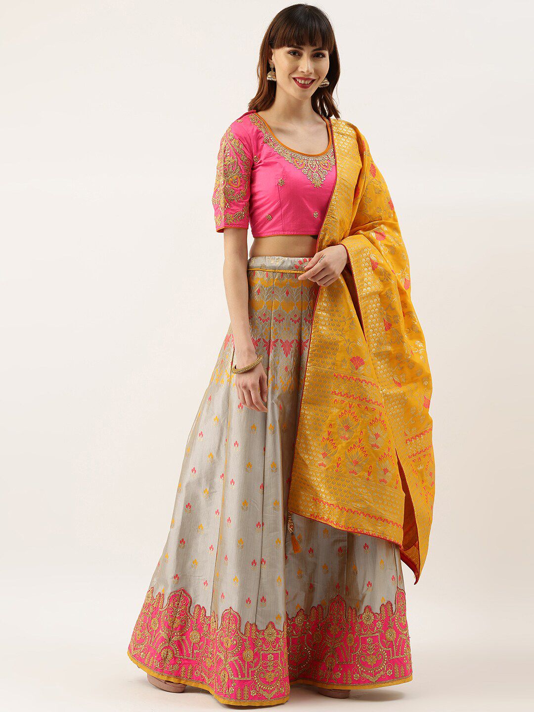 Kvsfab Pink & Grey Embroidered Semi-Stitched Lehenga & Unstitched Blouse With Dupatta