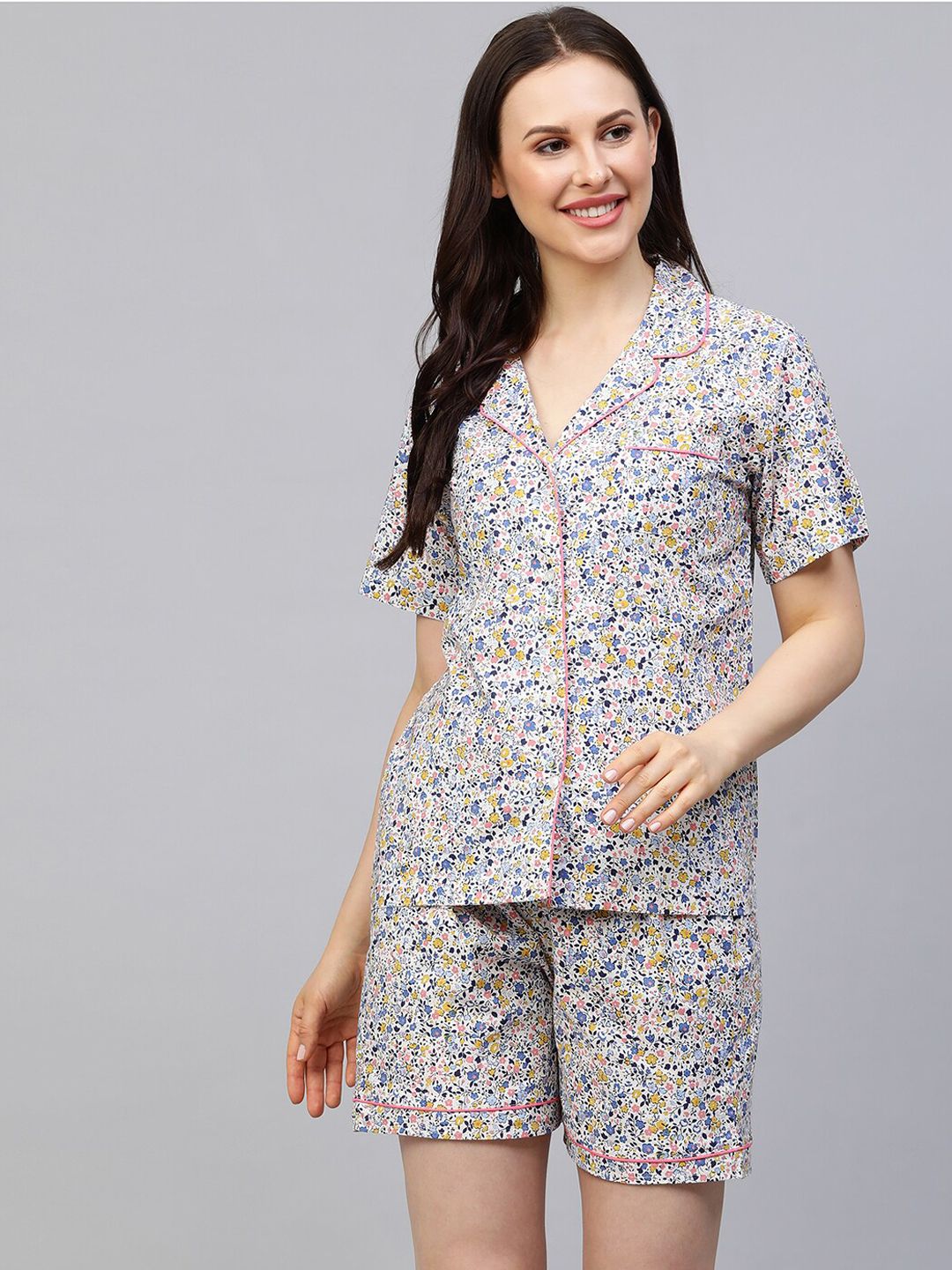 Chemistry Women Multi Cotton Ditsy Floral Printed Night Suit Price in India