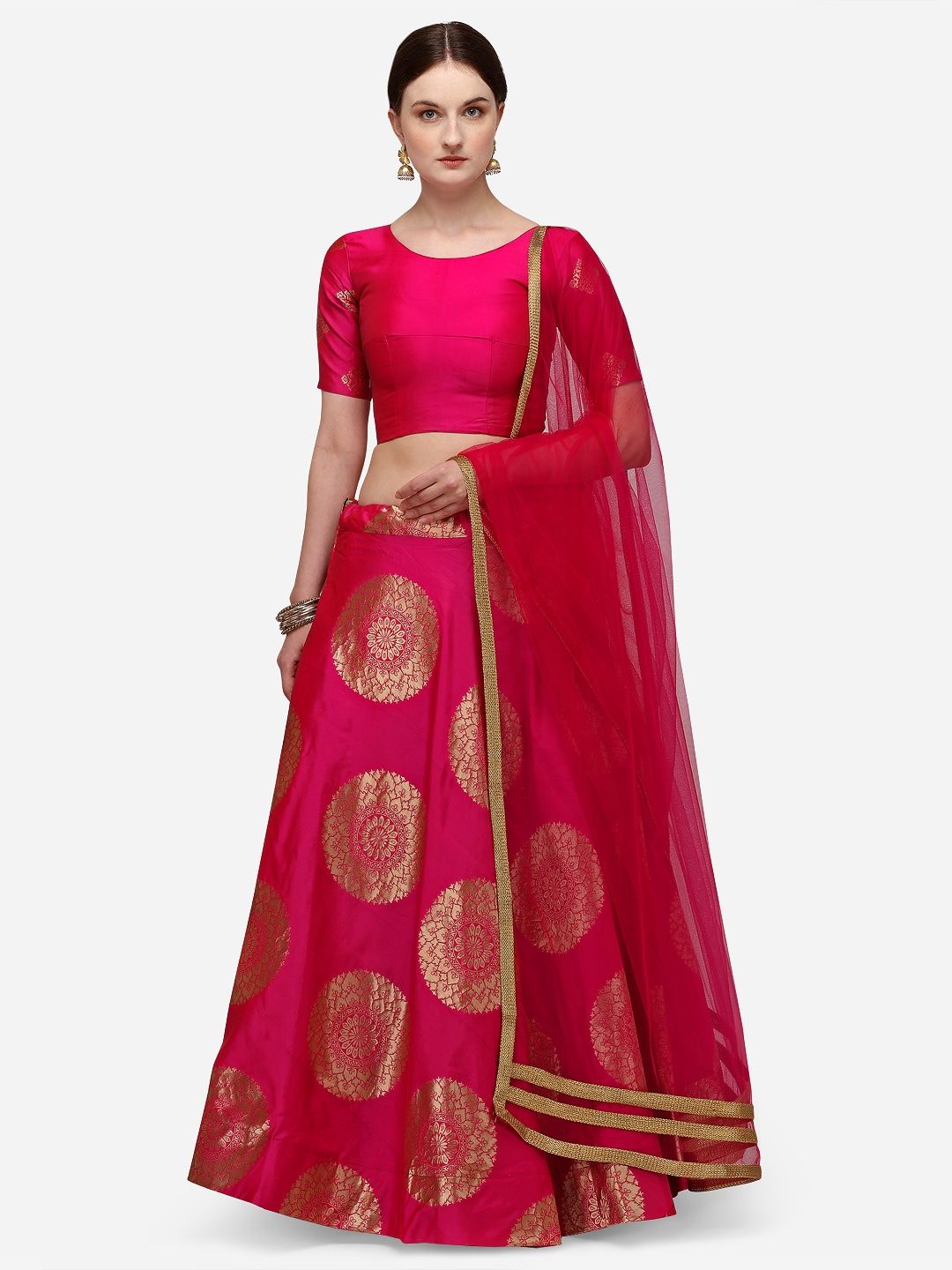 LOOKNBOOK ART Pink & Gold-Toned Semi-Stitched Lehenga & Unstitched Blouse With Dupatta Price in India