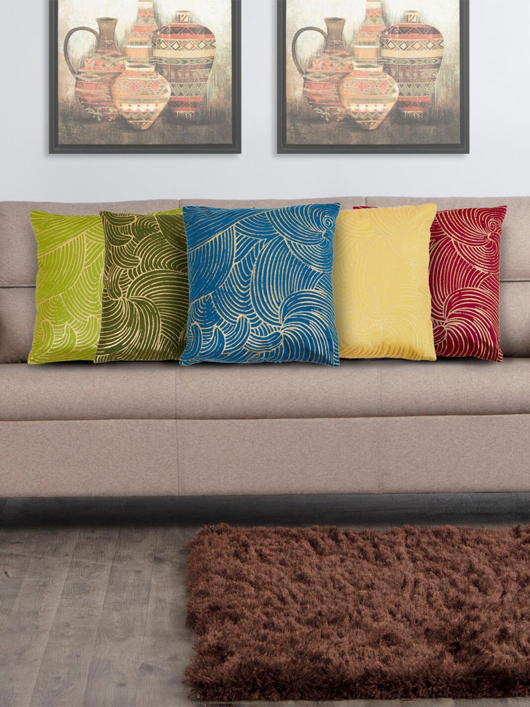 Home Centre Yellow & Blue Set of 5 Abstract Square Cushion Covers Price in India